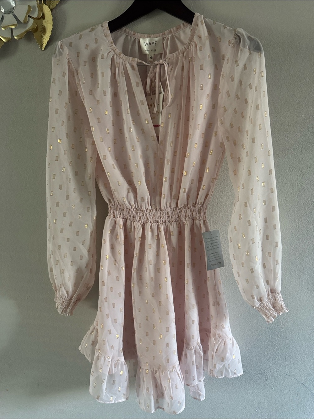 Wayf Pale Pink Long-Sleeve Mini Dress with Gold Foil